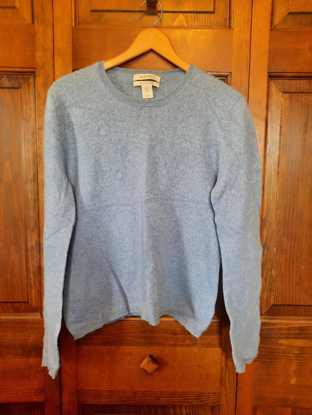Ellen Tracy 100% Cashmere Light Dusty Blue Soft Fuzzy Crewneck Sweater Size XL